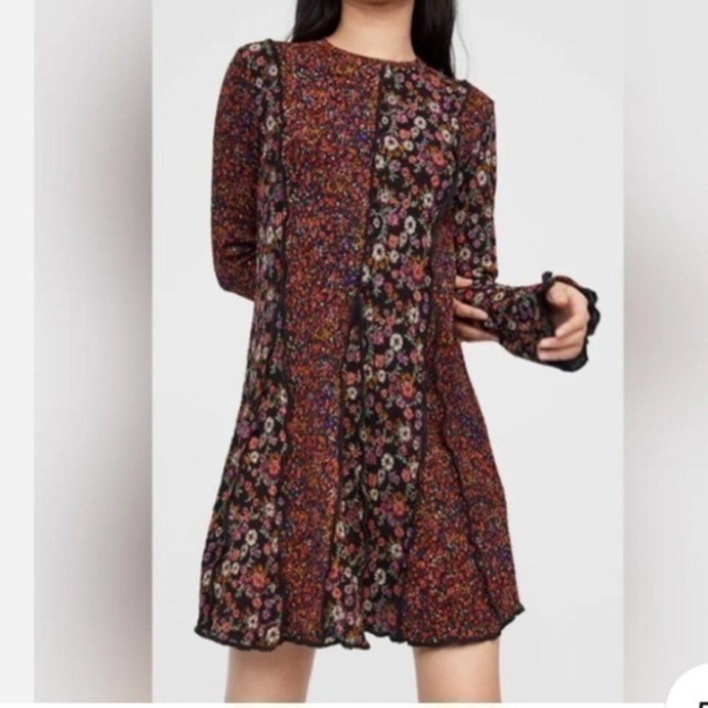 Zara Mixed Floral Print Boho Patchwork bell trimmed long sleeve  lined Dress
